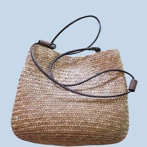 Tan Woven Tote Bag with Leather Handle